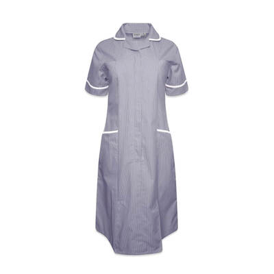 NURSES DRESS - NAVY WHITE STRIPE/WHITE TRIM/UK16