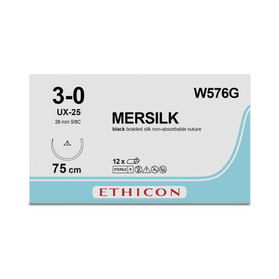 MERSILK*, Braided Silk, gauge 2 (3/0), Black, 75cm on 26mm circle conventional cutting needle		x 12