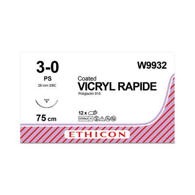 W9932	Coated VICRYL* 													Rapide Suture	26mm	75cm	undyed	3-0  2	3/8 circle Conventional Cutting PRIME Needle		x12	D/T