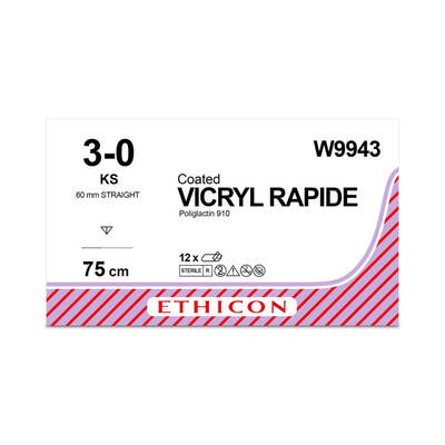 W9943	Coated VICRYL* 													Rapide Suture	60mm	75cm	undyed	3-0  2	Straight Cutting		x12