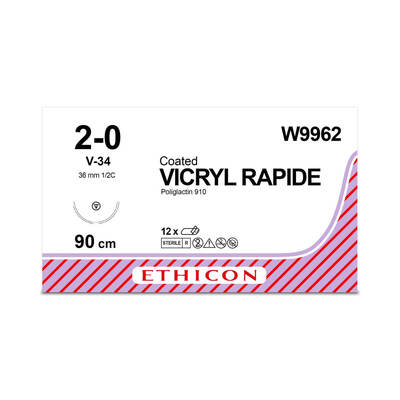 W9962	Coated VICRYL* 													Rapide Suture	36mm	90cm	undyed	2-0  3	1/2 circle TAPERCUT* Needle		x12	D/T