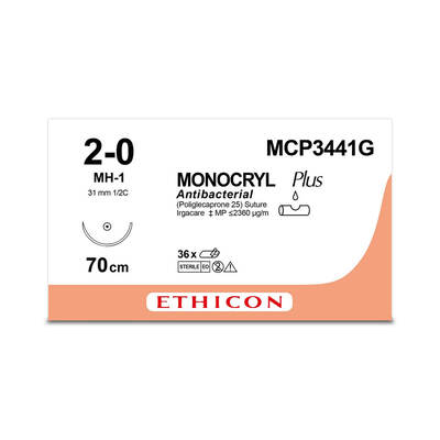 MONOCRYL PLUS | Monofilament | Violet | 2-0 | 70cm | 1xTaperpoint | 31mm | 1/2C | Pack of 12