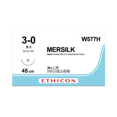 MERSILK*, Braided Silk, gauge 2 (3/0), Black, 75cm on 26mm circle conventional cutting needle		x 36