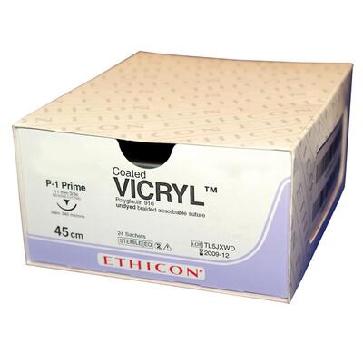 W9074	Coated VICRYL* 													Suture	17mm	45cm	violet	4-0  1.5	3/8 Circle Taper Point		x12