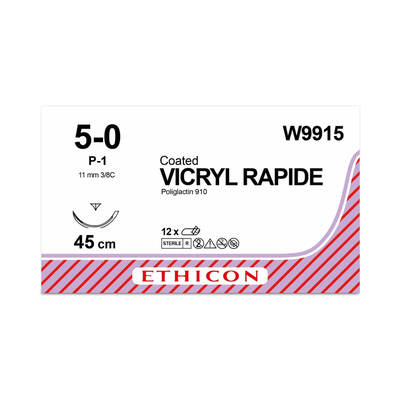 W9915	Coated VICRYL* 													Rapide Suture	11mm	45cm	undyed	5-0  1	3/8 circle Reverse Cutting PRIME Needle		x12	D/T