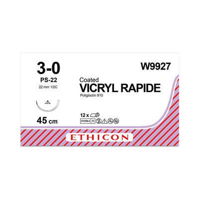 W9927	VICRYL* Rapide Suture	22mm	45cm	3-0  Undyed	1/2 circle Conventional Cutting Needle	x12