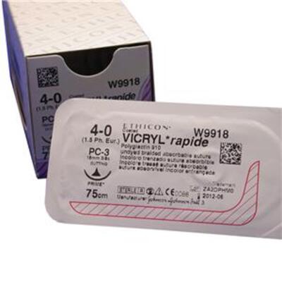 W9930	Coated VICRYL* 													Rapide Suture	19mm	75cm	undyed	4-0  1.5	3/8 circle Reverse Cutting Needle		x12