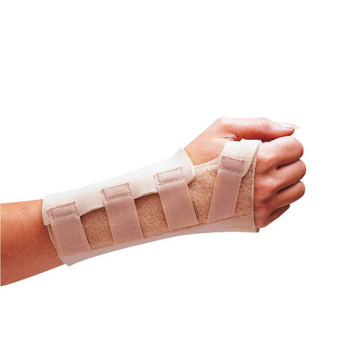 Right hand wrist brace laminated on both sides with a durable nylon incorporating shaped aluminium palmar bar. Beige x1