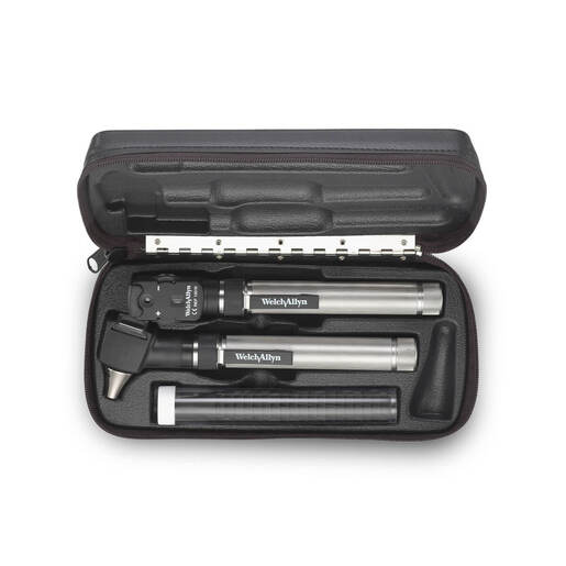 PocketScope Set Inc. Ophthalmoscope, Fibre Optic Otoscope, Integral Throat Illuminator and 2 Handles In a Hard Case