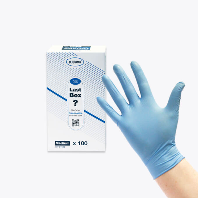 Williams Medical Supplies branded blue latex and nitrile disposable gloves. 